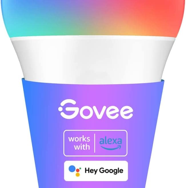 Govee smart color changing WiFi and Bluetooth light bulb with white body, metal screw base, and Alexa Google labels