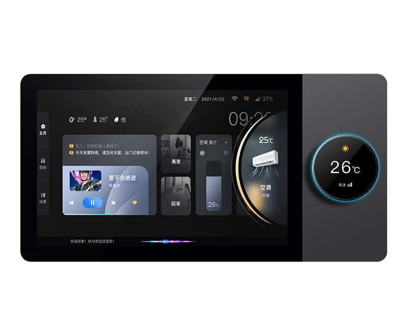 Tuya Smart Home 8-inch multifunctional intelligent control touch screen in-wall central control panel with ZigBee gateway, black glass UI showing music and climate controls