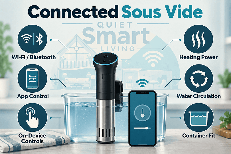 Connected sous vide features including Wi-Fi, app control, heating power, water circulation and container fit