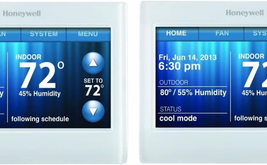 Honeywell TH9320WF5003 WiFi 9000 color touchscreen thermostat with white rectangular frame and blue display