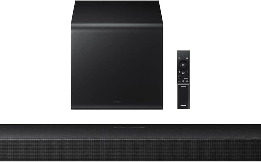 Samsung Q800F Q Series soundbar with wireless subwoofer and remote, black finish front product view