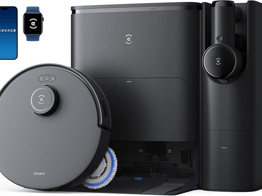 ECOVACS DEEBOT T30S COMBO robot vacuum and mop with round dark gray body, black docking station, handheld unit, app icons