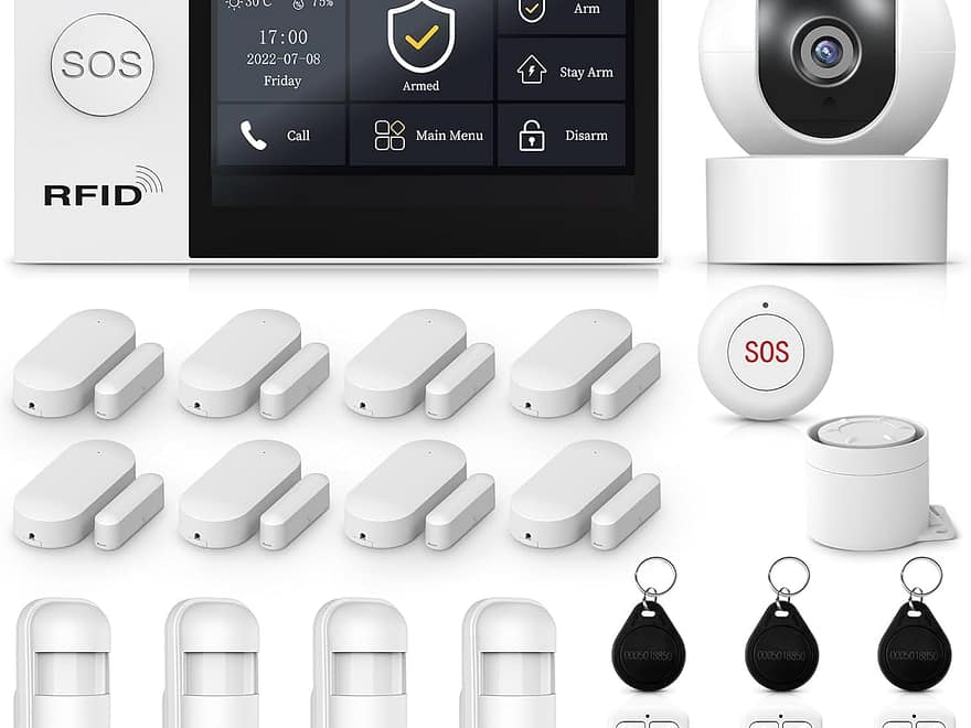PGST Wireless Home Alarm System No Monthly Fee kit with touchscreen panel, camera, door sensors, motion sensors, SOS button and remotes