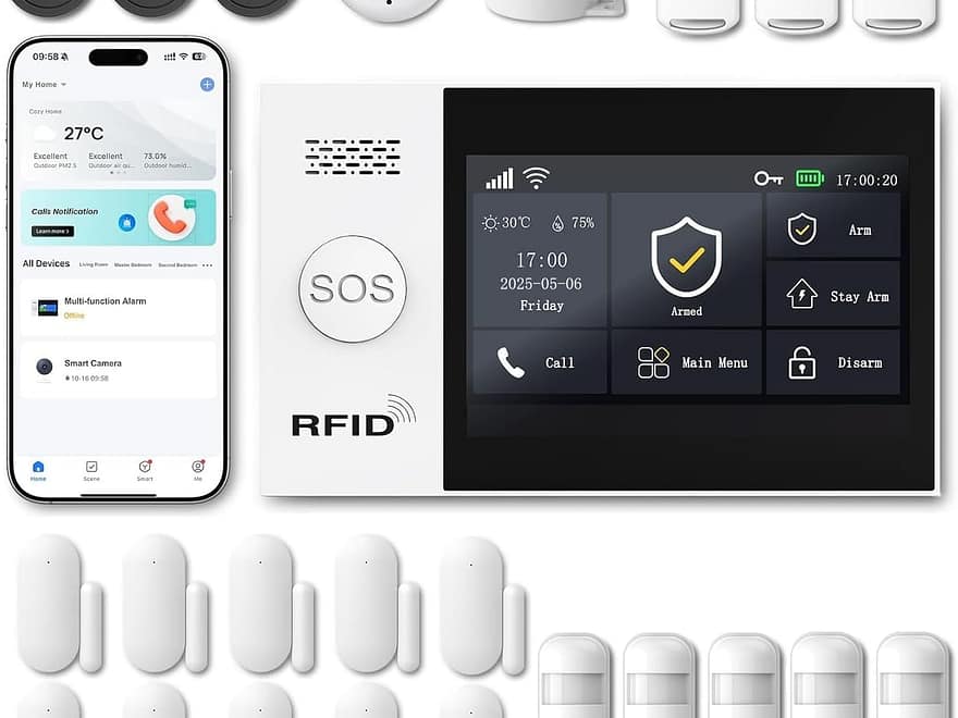 WiFi wireless alarm system for home security with white touchscreen hub, app display, door sensors, PIR detectors, remotes, RFID card and SOS button
