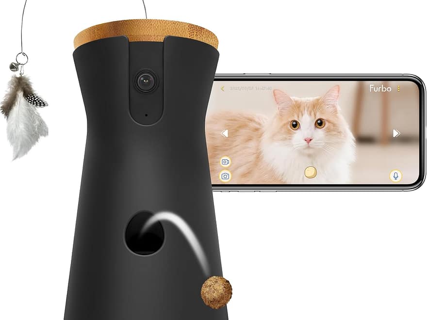 Furbo 360° Cat Camera pet camera in matte black with wood-look top, treat toss opening, teaser wand, and app screen showing a cat