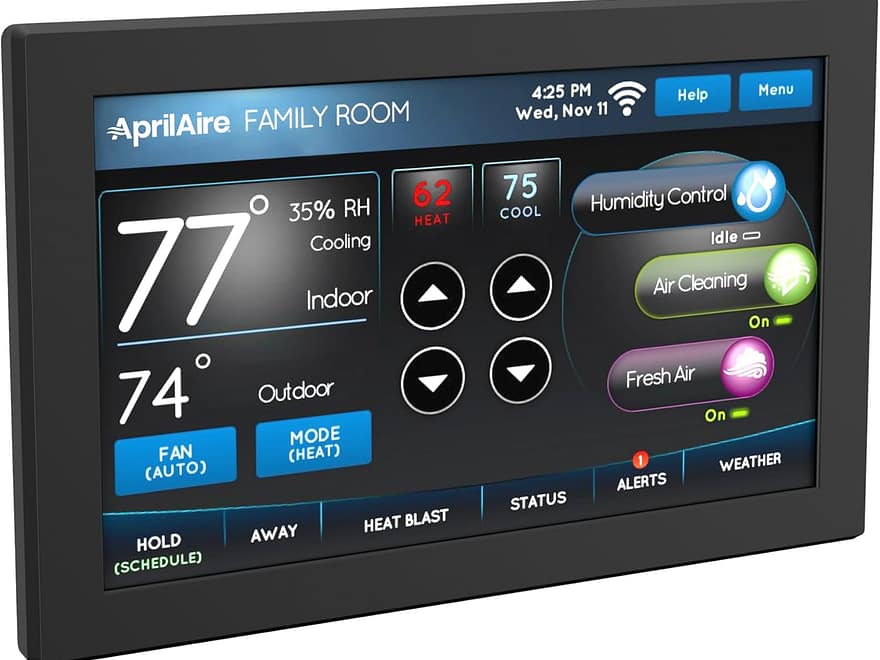 AprilAire 8920W WiFi programmable color touchscreen thermostat with black rectangular frame and indoor/outdoor climate control display