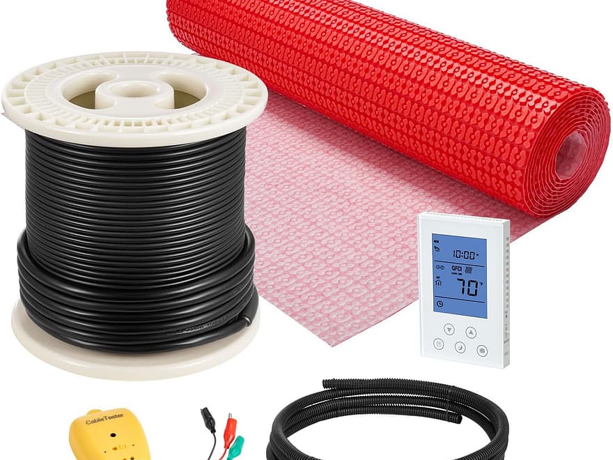 VEVOR floor heating mat system with red textured mat roll, black cable spool, smart thermostat, conduit, and tester