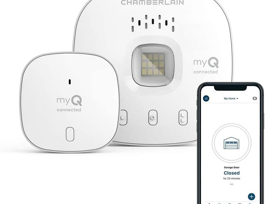 CHAMBERLAIN Smart Garage Control white wireless garage hub and sensor with myQ app displayed on a smartphone screen