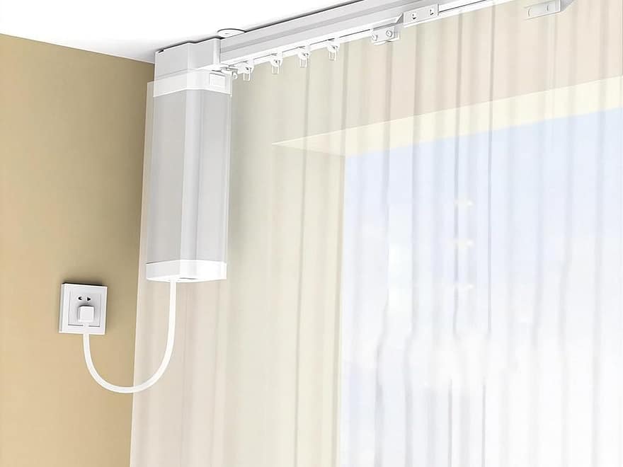 Heavy Duty Automatic Curtain Opener WiFi smart motor system with white rail-mounted curtain drive plugged into a wall outlet