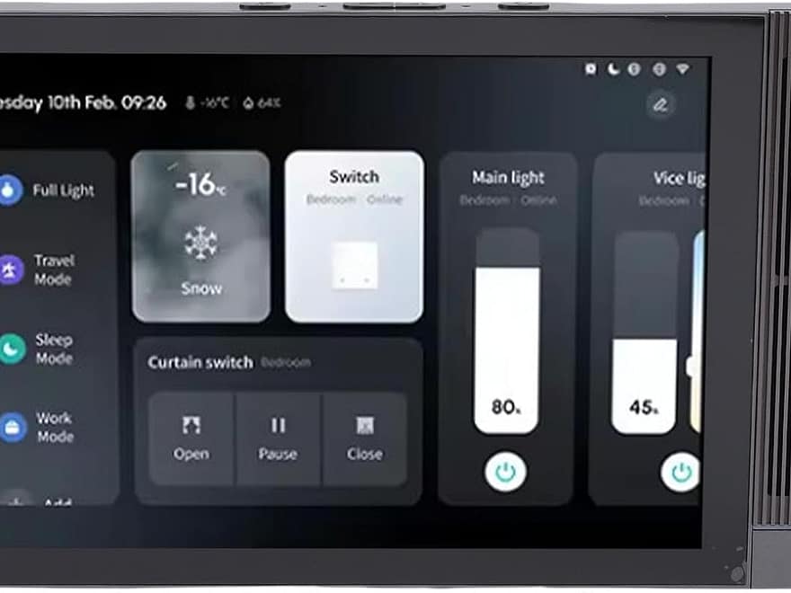 Zopsc Smart Control Touch Screen Wall Panel with voice control, dark gray widescreen display panel with smart home interface and side speaker grille