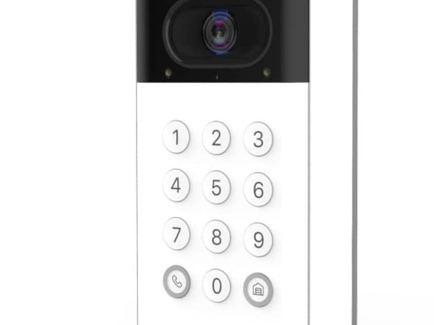 myQ Smart Garage Door Video Keypad with wide-angle camera, white wall-mounted keypad with black top and numeric buttons