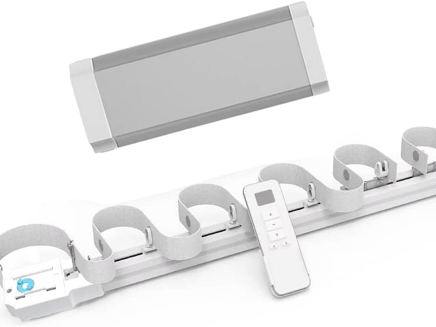 Smart WiFi Curtain Track System for Ripple Fold with Remote, white aluminum track with fabric carriers, motor unit and handheld remote