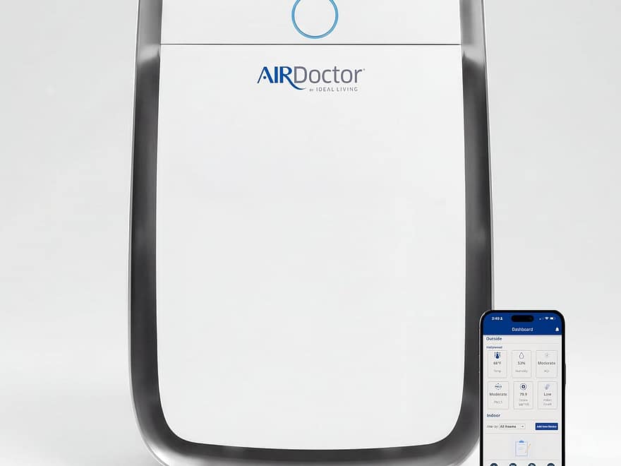 AIRDOCTOR AD3500 Smart App Air Purifier for Large Rooms with white front panel, gray trim, and phone app display