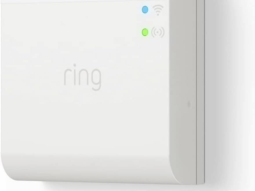 Ring Smart Home Bridge centralized hub in white, square wall-mounted device with rounded edges and blue and green status lights