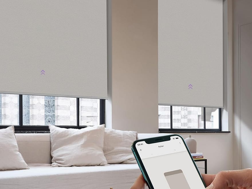 Boolegon motorized blinds with remote, gray pleated blackout shade in living room window