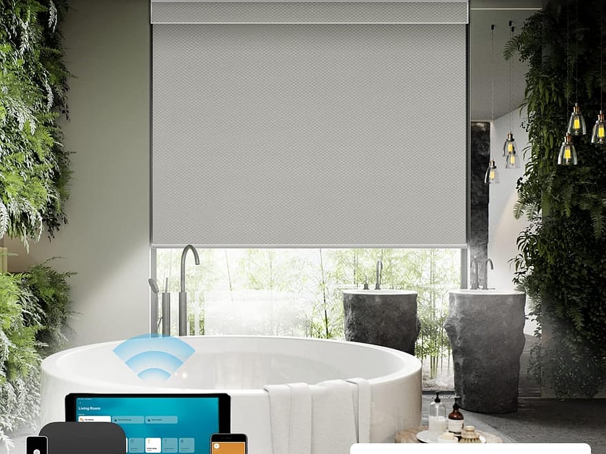 Boolegon motorized blinds with remote, gray pleated blackout shade in living room window