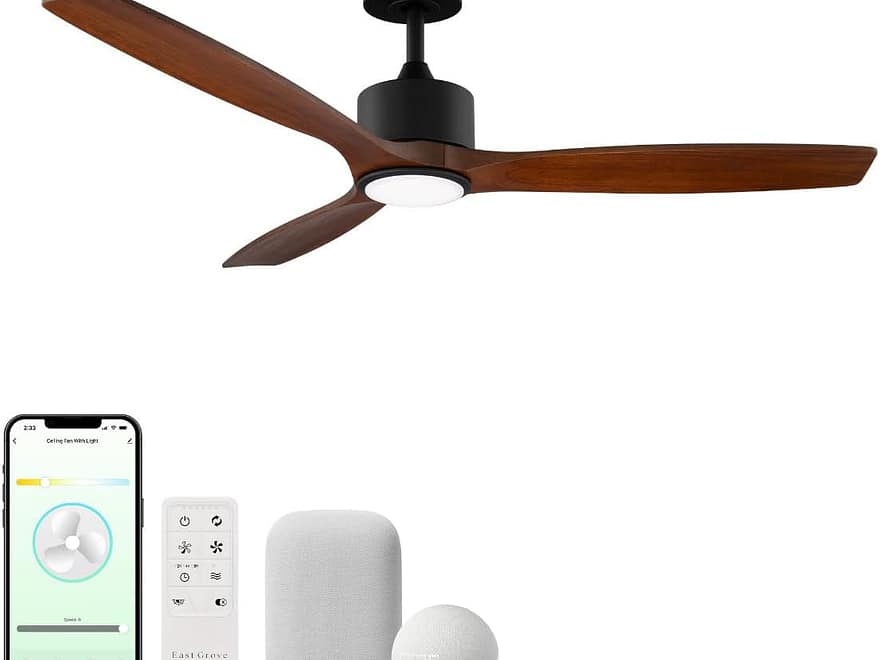East Grove Home Madera 52in Smart Ceiling Fan with LED Light, wood-look blades, black motor, remote, and app controls