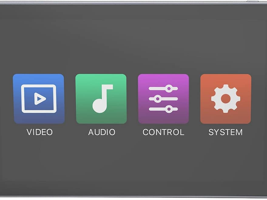 Zunate 10 inch smart home control panel with black wall-mount touch screen display and four app icons for video, audio, control, and system