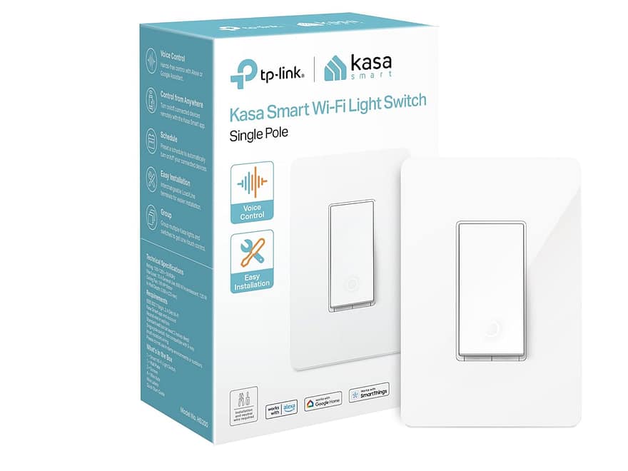 Kasa Smart Light Switch HS200 single-pole, white plastic rocker switch with rectangular wall plate shown beside retail box