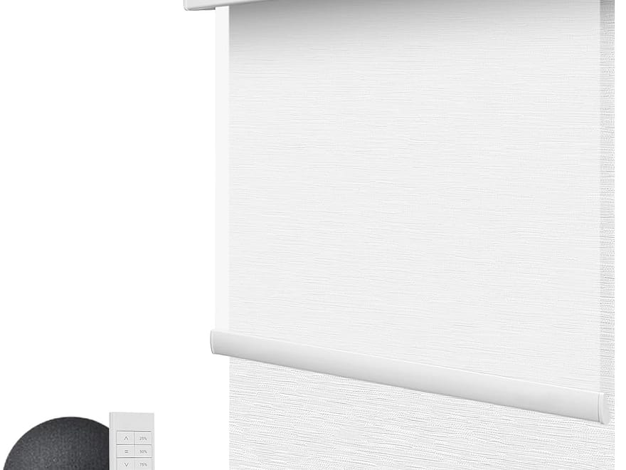 ZSTARR Dual-Layer Blackout Roller Shade with white valance, textured fabric, remote control and smart speaker