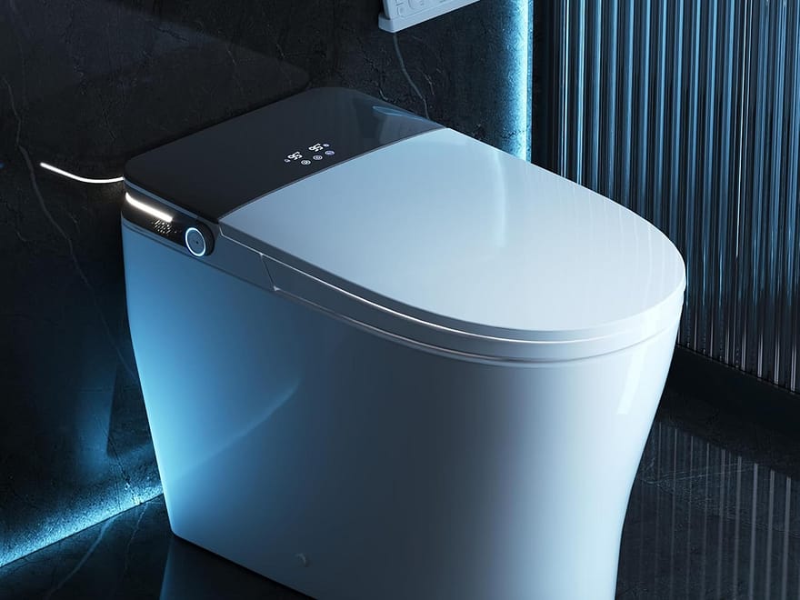 DeerValley smart toilet with built-in bidet, white elongated bowl, black control panel, and wall remote in modern bathroom