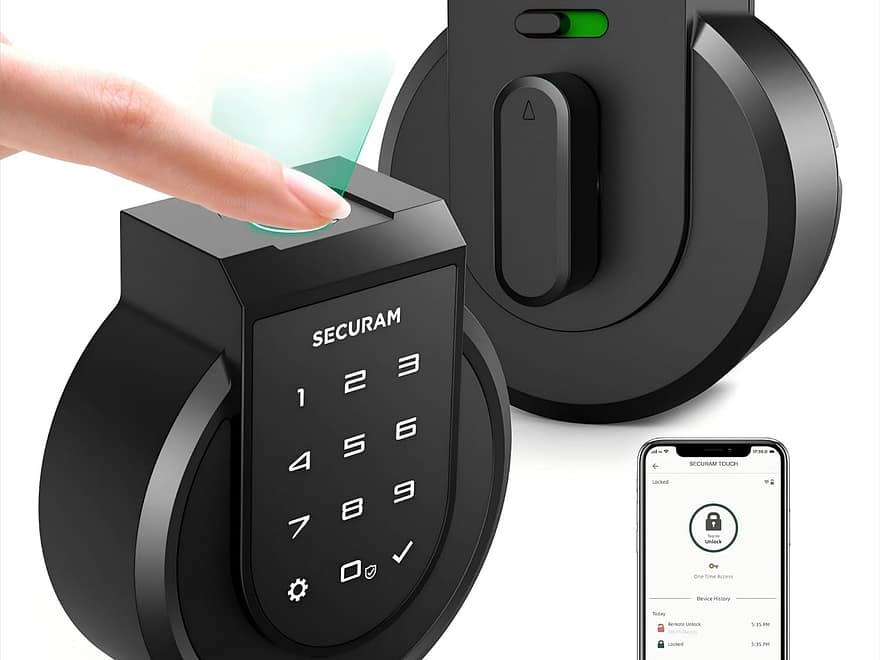 SECURAM Smart Lock Touch Fingerprint & WiFi Smart Door Lock in black finish with keypad, fingerprint touch, and app control