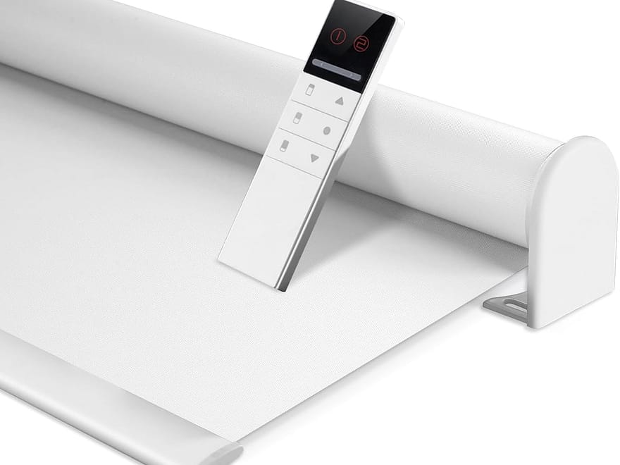 ZSHINE Motorized Blackout Roller Shades with white fabric roll, remote control, and mounted roller bracket