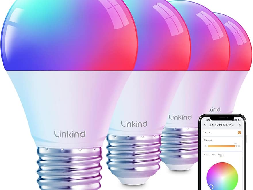 Linkind Smart Light Bulbs Color Changing RGBTW with 104 Scenes, four A19 bulbs showing multicolor glow and smartphone control app