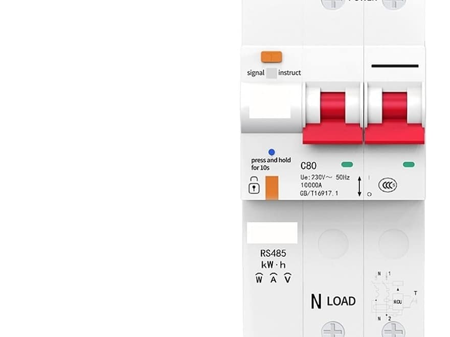 Smart circuit breaker with energy protection for home automation, white modular unit with red switches and status indicators