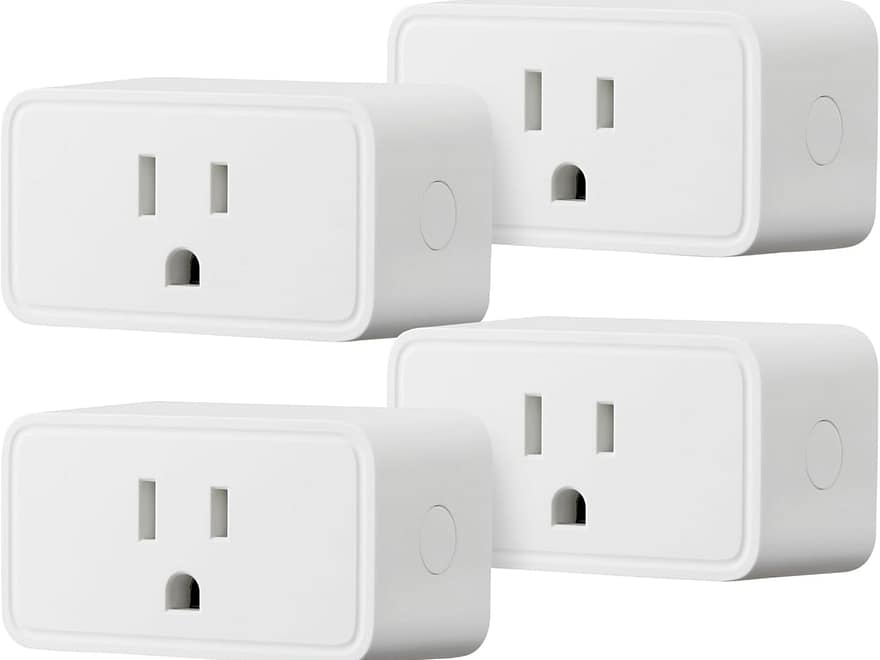 Amazon Basics smart plug 4-pack in white, rectangular Wi-Fi outlet adapters with side power buttons, front and angled views