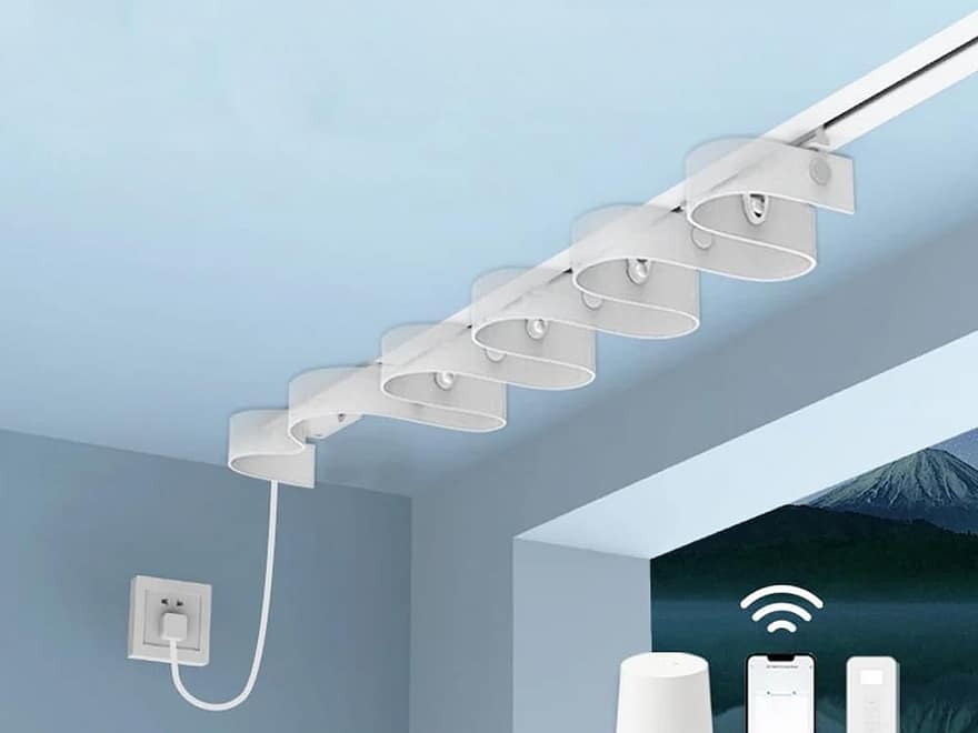 Matter Smart Curtain Track System with hidden smart curtain motor, white ceiling-mounted track rail with app and voice control