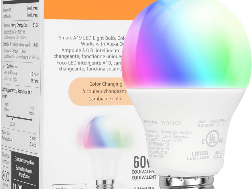 Amazon Basics Smart A19 LED light bulb, frosted white bulb with multicolor glow, screw base, shown with retail box packaging