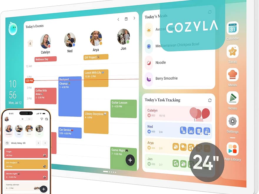 Cozyla Calendar Plus 2 24-inch smart digital calendar with white frame, colorful schedule, meal, task, and phone app views