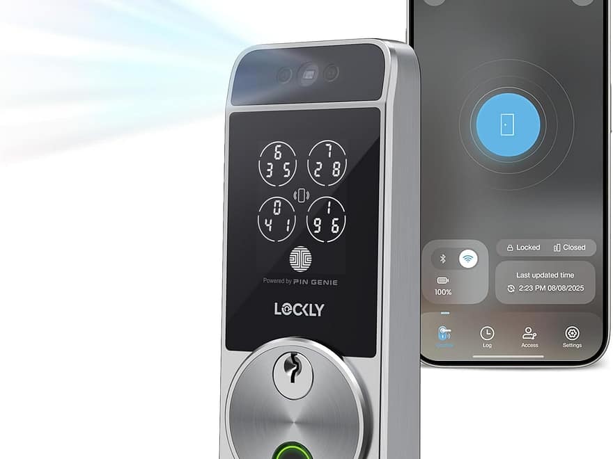 Lockly Visage Zeno Series Smart Lock with Facial Recognition in silver and black finish, touchscreen deadbolt with mobile app display