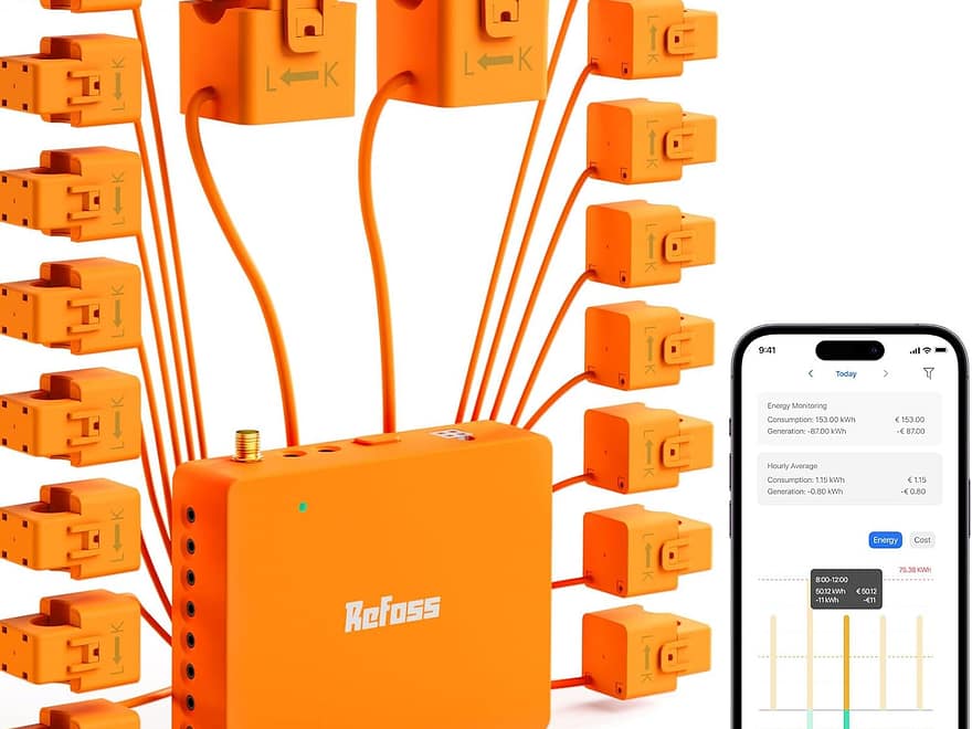 Refoss Smart Home Energy Monitor with orange sensor clamps, compact hub, antenna, ports, and app dashboard