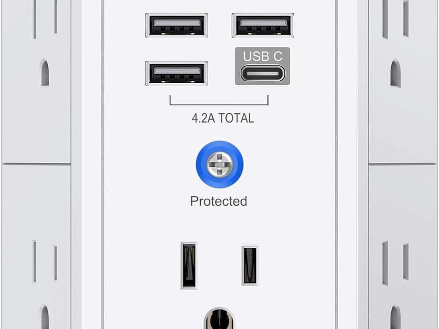 5 outlet extender multi plug wall outlet with white finish, USB-C, three USB ports and 1680J surge protection