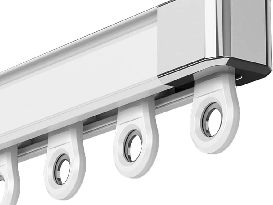 Silent Acoustic Track System room divider rail, white ceiling or wall mount channel with smooth-glide carriers and end cap