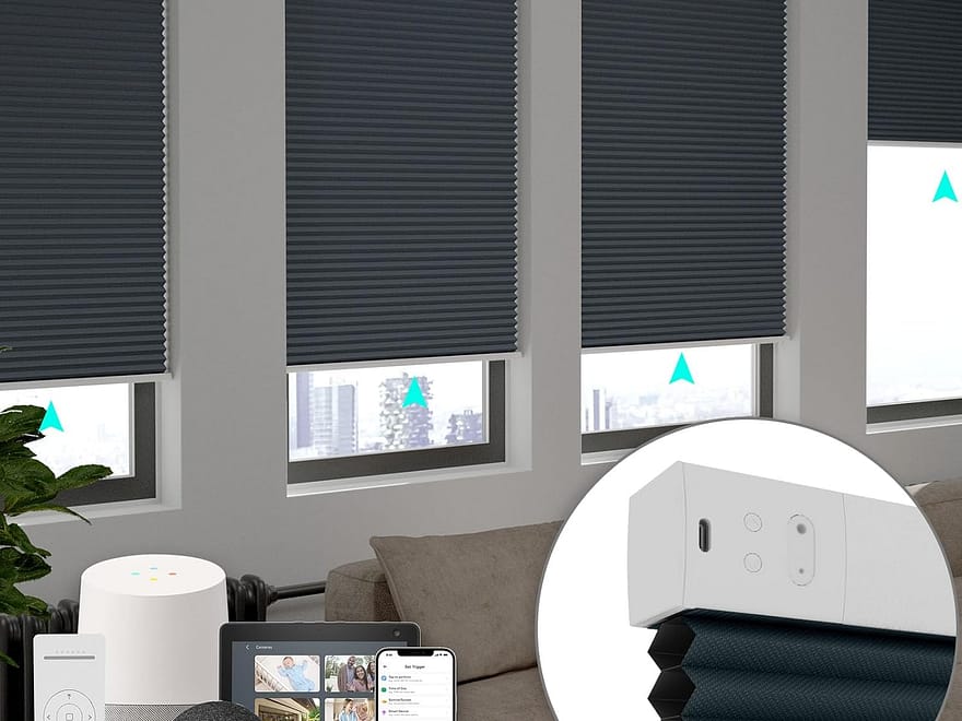 MySmartWindows Retrofit Kit app control shown on a smartphone beside white smart window openers