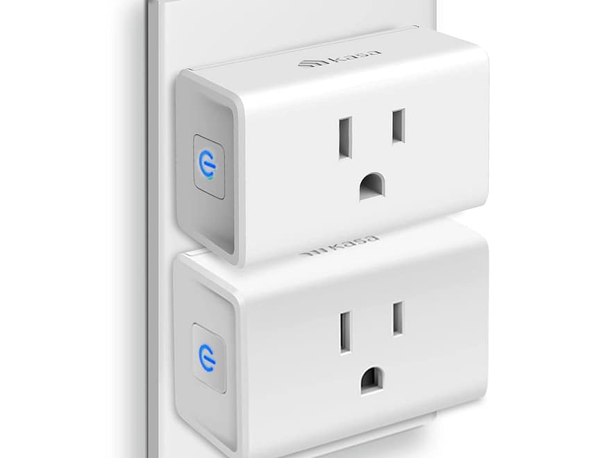 Kasa Smart Plug Ultra Mini 15A Smart Home Wi-Fi Outlet (EP10P2), two white compact plug-in outlets in a wall socket
