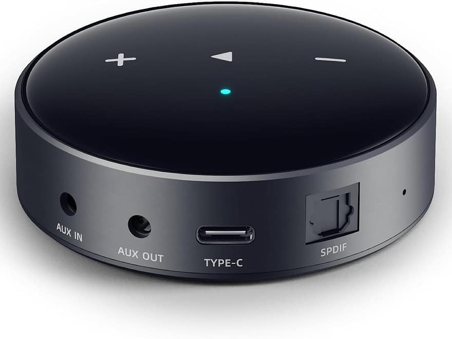 WiiM Mini AirPlay 2 wireless audio streamer, round black and gray device with AUX, Type-C, and SPDIF ports