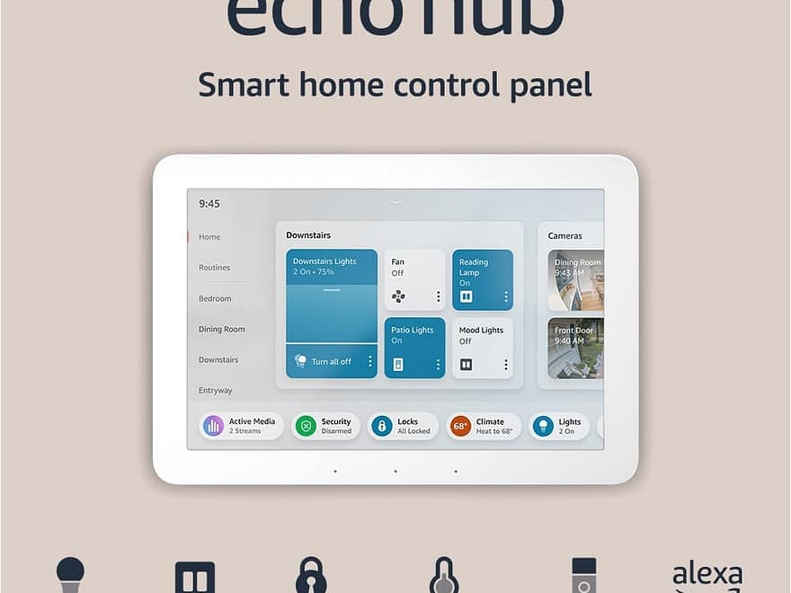Amazon Echo Hub 8 smart home control panel with white rectangular touchscreen, Alexa voice control, and device icons