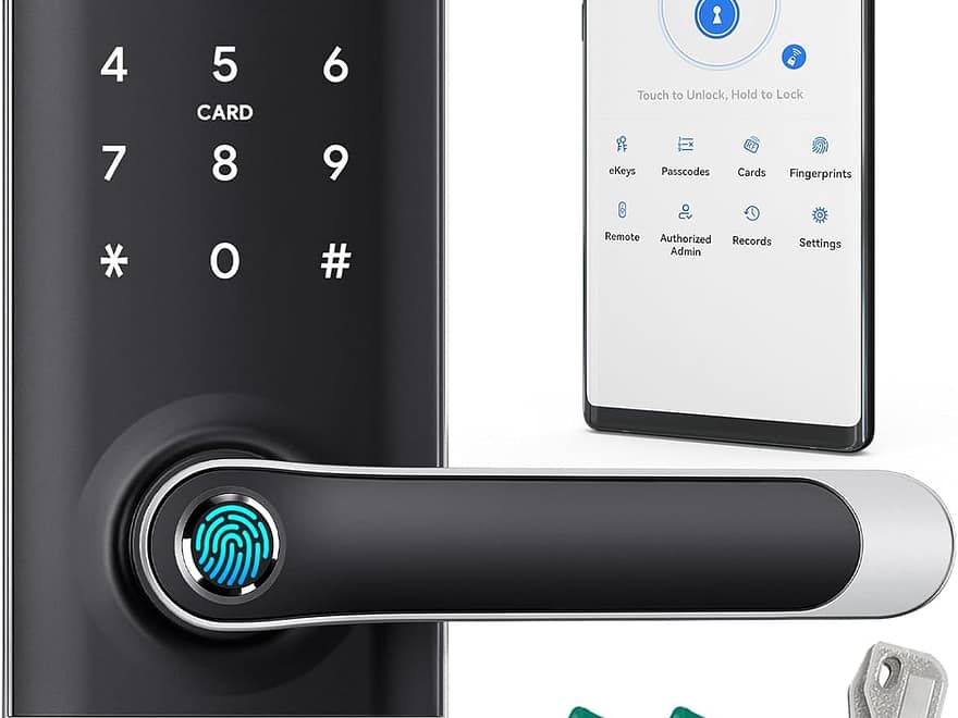 Yamiry biometric fingerprint keyless entry smart door lock with black keypad, silver handle, phone app, cards, and keys