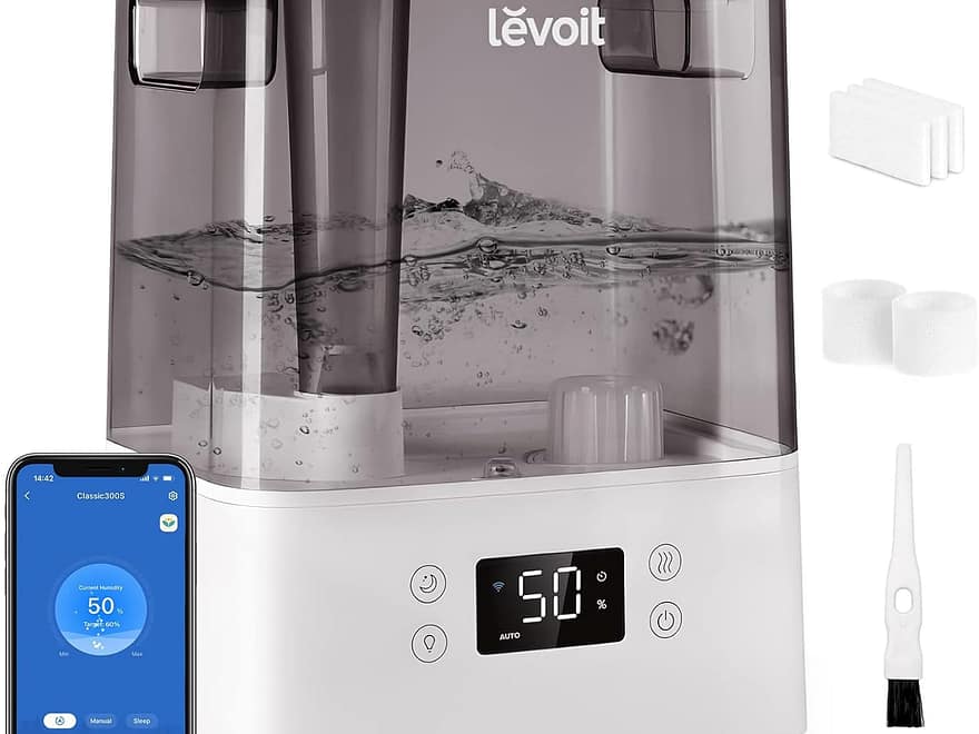 LEVOIT 6L Smart Cool Mist Top Fill Humidifier with white base, translucent tank, digital display, app screen, and cleaning accessories