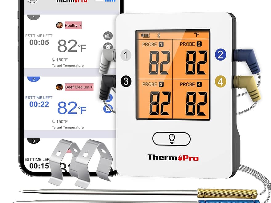 ThermoPro TP25 wireless meat thermometer with four color-coded probes, digital display, clips, and phone app screen