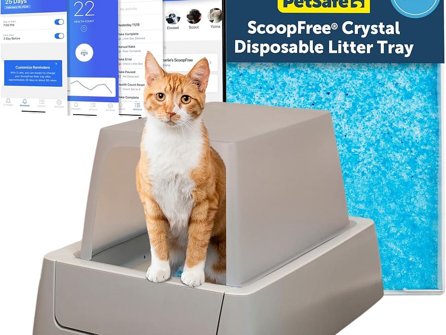 PetSafe ScoopFree Crystal Smart self-cleaning cat litter box with gray covered tray, blue crystal litter, app screens, and cat