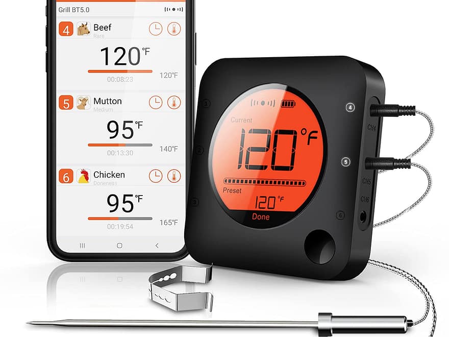 BFOUR Wireless Bluetooth dual probe meat thermometer with black display unit, phone app, and two stainless steel probes