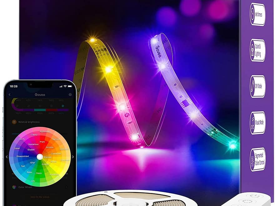 Govee RGBIC Alexa LED Strip Light 16.4ft with coiled white light strip, controller, app screen, and retail box