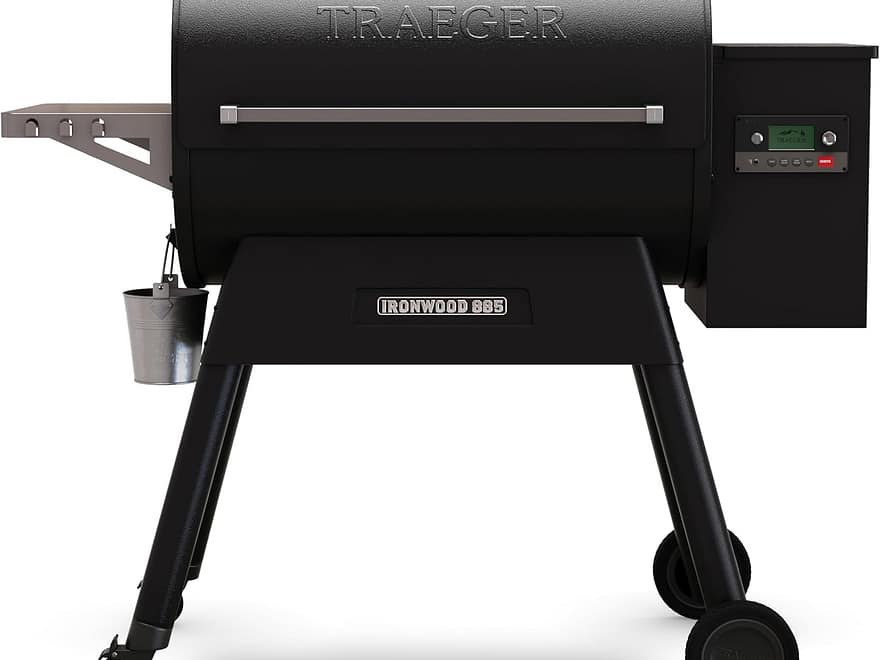 Traeger Ironwood 885 wood pellet grill and smoker in black textured finish with side shelf, hopper, wheels, and front view