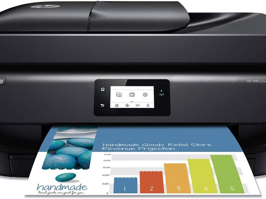 HP OfficeJet 5255 Wireless All-in-One Printer in black finish with touchscreen printing a color chart page