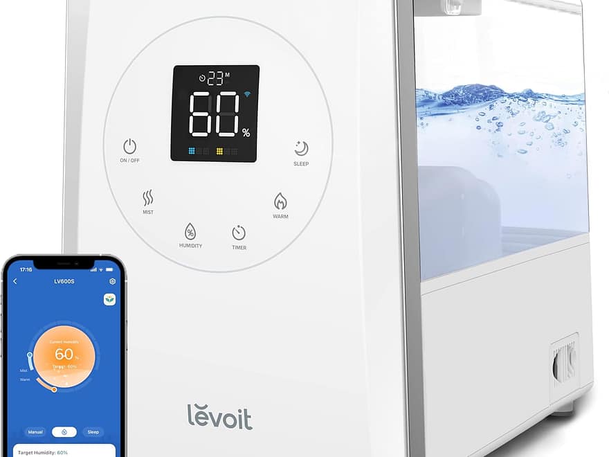 LEVOIT LV600S smart warm and cool mist humidifier with white rectangular tank, digital controls, and app screen